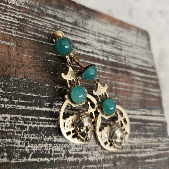 Ancient Chinese Zhou armor Warrior Samurai Japan Gold Tone Jade Stone Earrings - Picture 6 of 12